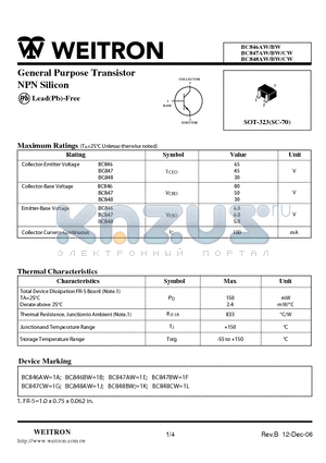 BC846BW datasheet - General Purpose Transistor