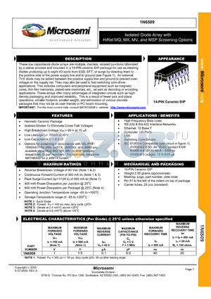 1N6509 datasheet - Isolated Diode Array with HiRel MQ, MX, MV, and MSP Screening Options