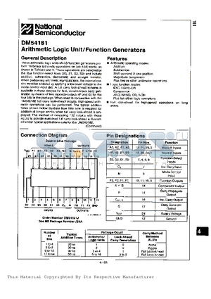 DM54181 datasheet - ARITHMETIC LOGIC UNIT/FUNCTION GENERATORS