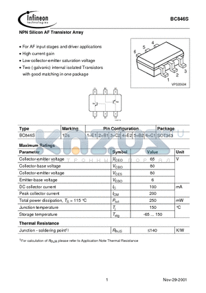 BC846S datasheet - NPN Silicon AF Transistor Array