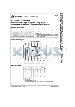 DM5474W datasheet - Dual Positive-Edge-Triggered D Flip-Flops with Preset, Clear and Complementary Outputs
