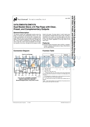 DM5476J datasheet - Dual Master-Slave J-K Flip-Flops with Clear, Preset, and Complementary Outputs