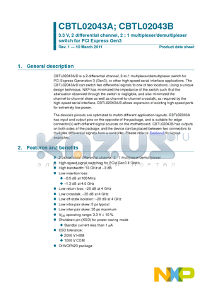 CBTL02043A datasheet - 3.3 V, 2 differential channel, 2 : 1 multiplexer/demultiplexer switch for PCI Express Gen3