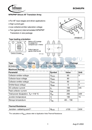 BC846UPN datasheet - NPN/PNP Silicon AF Transistor Array