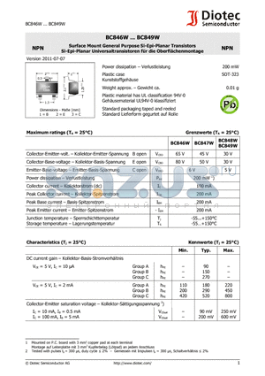 BC846W_11 datasheet - Surface Mount General Purpose Si-Epi-Planar Transistors