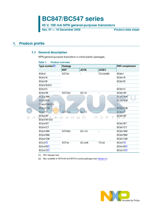 BC847 datasheet - 45 V, 100 mA NPN general-purpose transistors