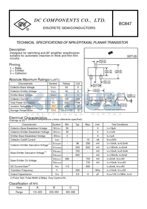 BC847 datasheet - TECHNICAL SPECIFICATIONS OF NPN EPITAXIAL PLANAR TRANSISTOR