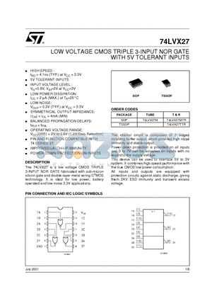 74LVX27TTR datasheet - LOW VOLTAGE CMOS TRIPLE 3 INPUT NOR GATE WITH 5V TOLERANT INPUTS