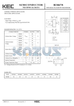 BC847 datasheet - EPITAXIAL PLANAR NPN TRANSISTOR