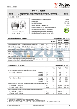 BC847 datasheet - Surface Mount General Purpose Si-Epi-Planar Transistors