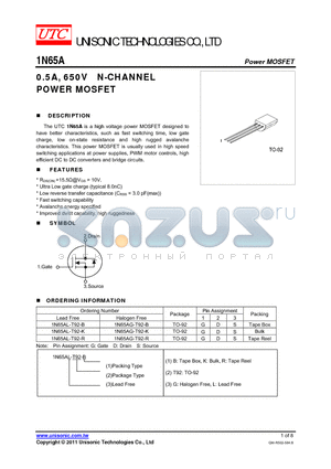 1N65AG-T92-K datasheet - 0.5A, 650V N-CHANNEL POWER MOSFET