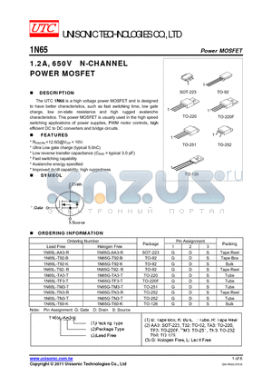 1N65L-TA3-T datasheet - 1.2A, 650V N-CHANNEL POWER MOSFET