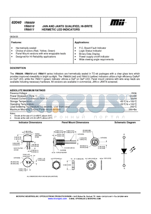 1N6609 datasheet - JAN AND JANTX QUALIFIED, HI-BRITE HERMETIC LED INDICATORS