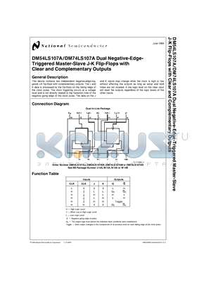 DM54LS107A datasheet - Dual Negative-Edge- Triggered Master-Slave J-K Flip-Flops with Clear and Complementary Outputs