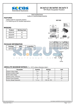 BC847AT datasheet - NPN Plastic Encapsulate Transistor