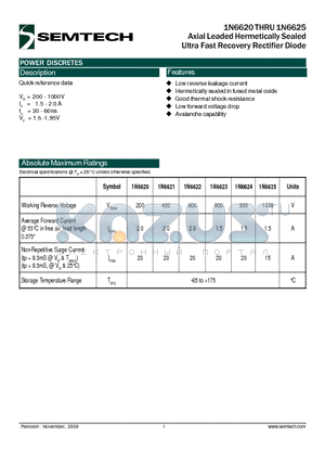 1N6620 datasheet - Axial Leaded Hermetically Sealed Ultra Fast Recovery Rectifier Diode