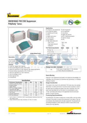 0603ESDA2TR2 datasheet - 0603ESDA2-TR2 ESD Suppressor PolySurg Series