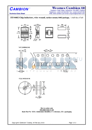 555-0402 datasheet - Chip inductors, wire wound, surface mount, 0402 package