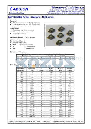 555-1608 datasheet - SMT Shielded Power Inductors