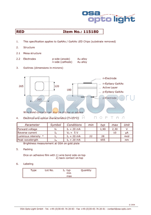 115180 datasheet - GaAlAs / GaAlAs LED Chips (substrate removed)