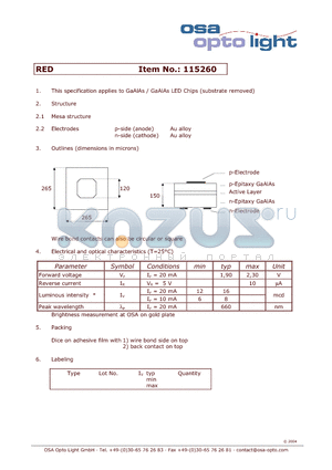 115260 datasheet - GaAlAs / GaAlAs LED Chips (substrate removed)