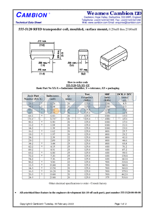 555-5120 datasheet - RFID transponder coil, moulded, surface mount