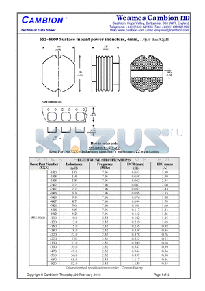 555-8060 datasheet - Surface mount power inductors, 4mm