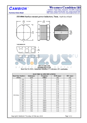 555-8066 datasheet - Surface mount power inductors, 7mm