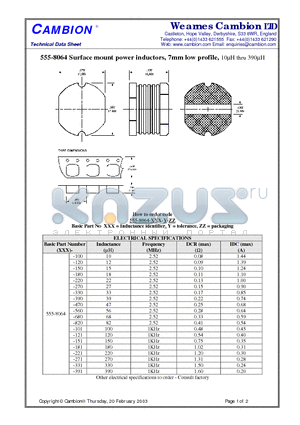 555-8064 datasheet - Surface mount power inductors, 7mm low profile