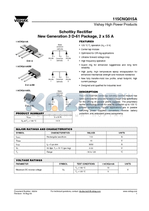 115CNQ015A datasheet - Schottky Rectifier New Generation 3 D-61 Package, 2 x 55 A