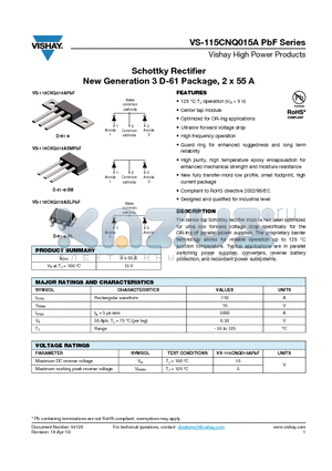115CNQ015A datasheet - Schottky Rectifier New Generation 3 D-61 Package, 2 x 55 A