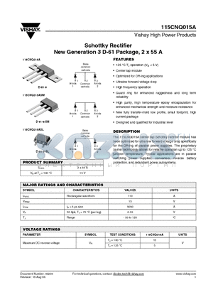 115CNQ015ASL datasheet - Schottky Rectifier New Generation 3 D-61 Package, 2 x 55 A