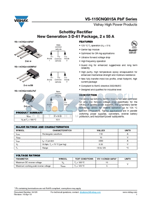 115CNQ015ASL datasheet - Schottky Rectifier New Generation 3 D-61 Package, 2 x 55 A