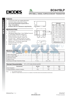 BC847BLP datasheet - NPN SMALL SIGNAL SURFACE MOUNT TRANSISTOR