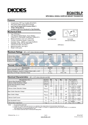 BC847BLP datasheet - NPN SMALL SIGNAL SURFACE MOUNT TRANSISTOR