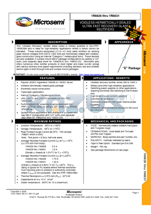 1N6626 datasheet - VOIDLESS-HERMETICALLY-SEALED ULTRA FAST RECOVERY GLASS RECTIFIERS