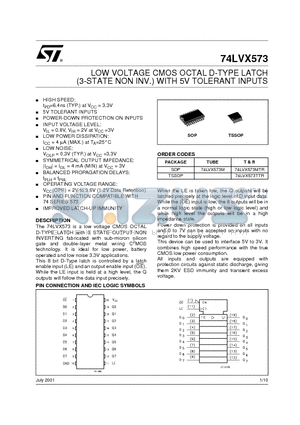 74LVX573MTR datasheet - LOW VOLTAGE CMOS OCTAL D-TYPE LATCH (3-STATE NON INV.) WITH 5V TOLERANT INPUTS