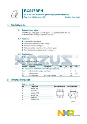 BC847BPN datasheet - 45 V, 100 mA NPN/PNP general-purpose transistor