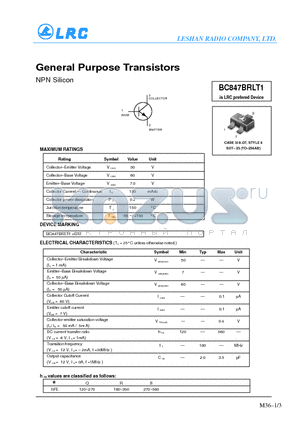 BC847BRLT1 datasheet - General Purpose Transistors(NPN Silicon)