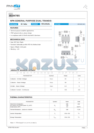 BC847BS datasheet - NPN GENERAL PURPOSE DUAL TRANSISVOL