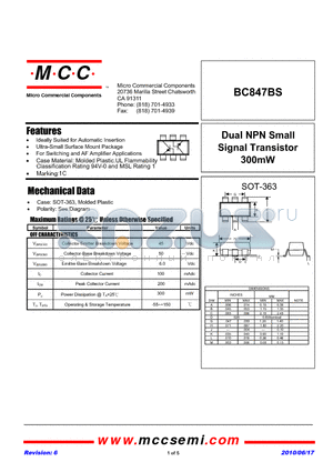 BC847BS datasheet - Dual NPN Small Signal Transistor 300mW