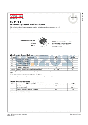 BC847BS datasheet - NPN Multi-chip General Purpose Amplifier