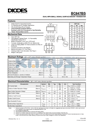 BC847BS-7-F datasheet - DUAL NPN SMALL SIGNAL SURFACE MOUNT TRANSISTOR