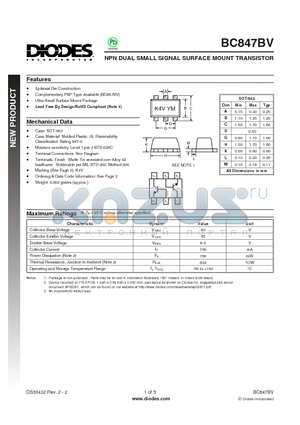 BC847BV datasheet - NPN DUAL SMALL SIGNAL SURFACE MOUNT TRANSISTOR