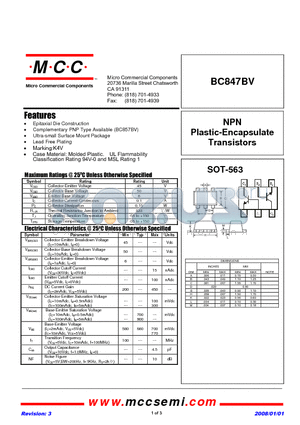 BC847BV datasheet - NPN Plastic-Encapsulate Transistors