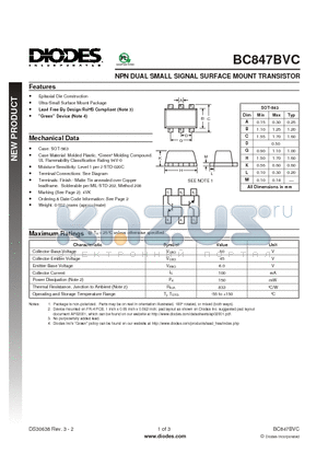 BC847BVC-7 datasheet - NPN DUAL SMALL SIGNAL SURFACE MOUNT TRANSISTOR