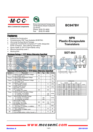 BC847BV datasheet - NPN Plastic-Encapsulate Transistors