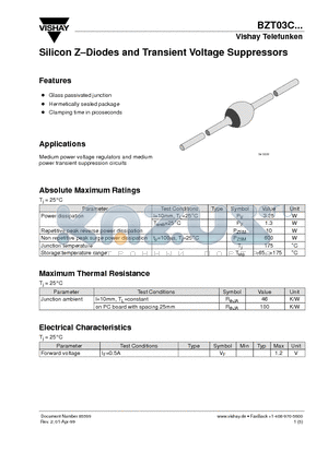 BZT03C datasheet - Silicon Z-Diodes and Transient Voltage Suppressors