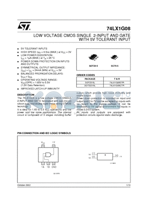 74LX1G08 datasheet - LOW VOLTAGE CMOS SINGLE 2-INPUT AND GATE WITH 5V TOLERANT INPUT