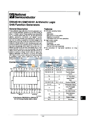 DM54S181 datasheet - ARITHMETIC LOGIC UNIT/FUNCTION GENERATORS